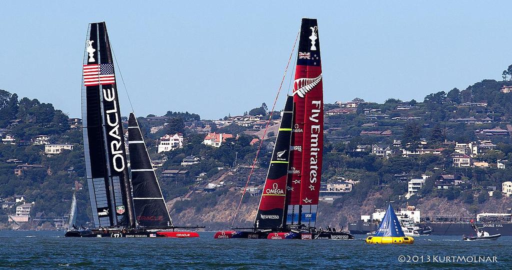 OTUSA and ETNZ at a mark on Day 13, America’s Cup 2013 © Kurt Molnar